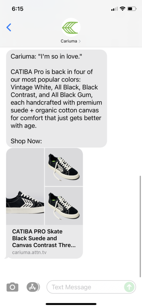 Cariuma Text Message Marketing Example - 07.08.2021
