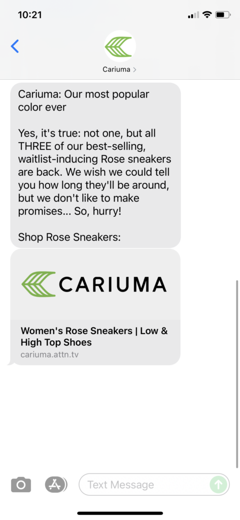 Cariuma Text Message Marketing Example - 07.11.2021