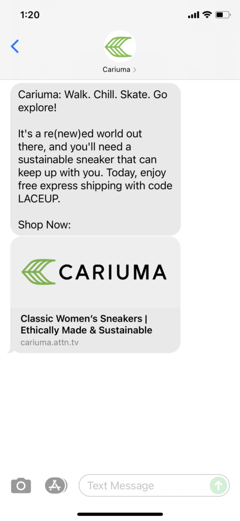 Cariuma Text Message Marketing Example - 07.15.2021