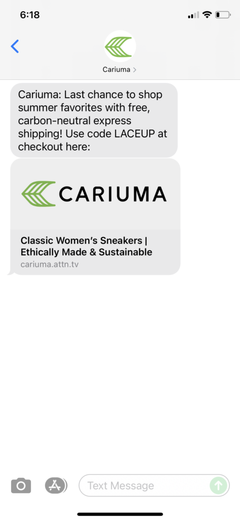Cariuma Text Message Marketing Example - 07.21.2021