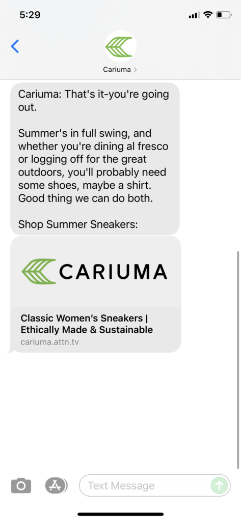 Cariuma Text Message Marketing Example - 07.24.2021