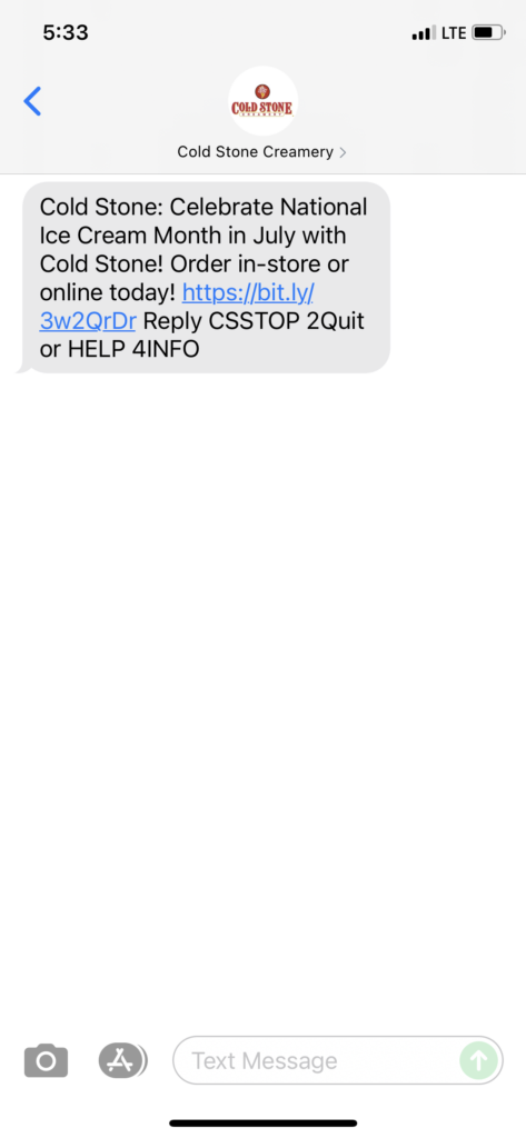Cold Stone Creamery Text Message Marketing Example - 07.01.2021