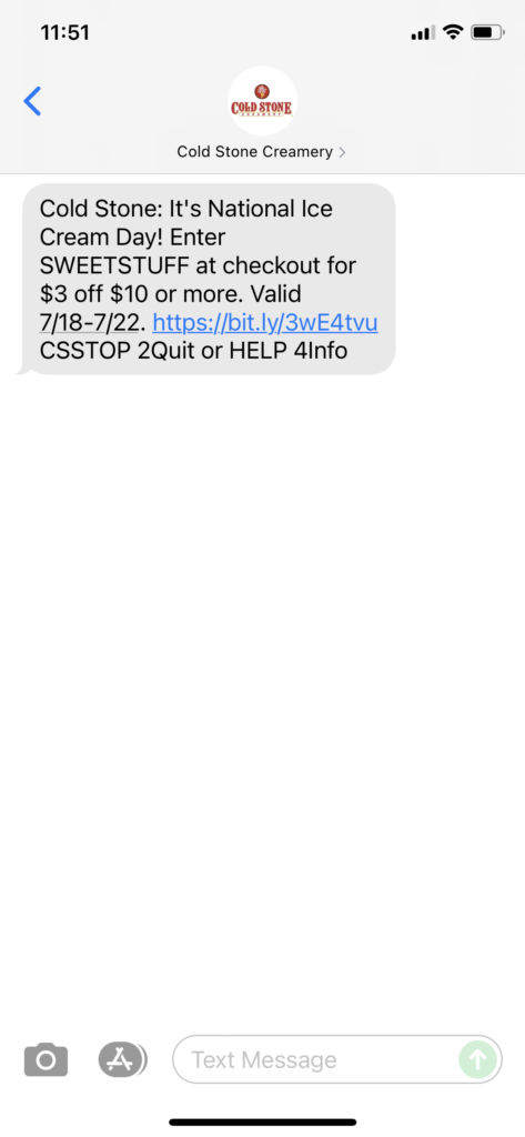 Cold Stone Creamery Text Message Marketing Example - 07.18.2021