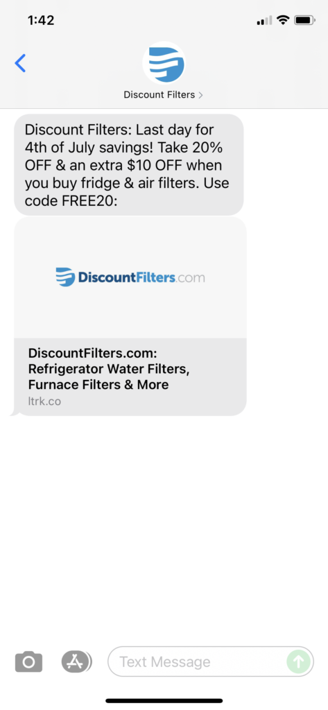 Discount Filters Text Message Marketing Example - 07.04.2021