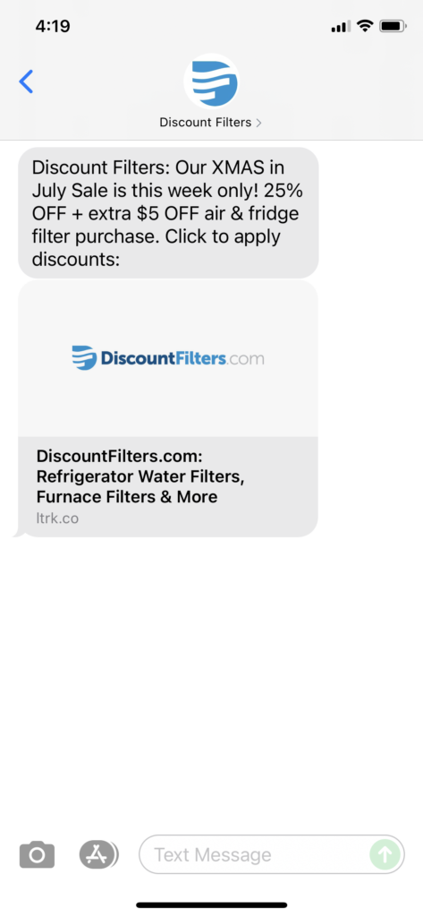Discount Filters Text Message Marketing Example - 07.27.2021