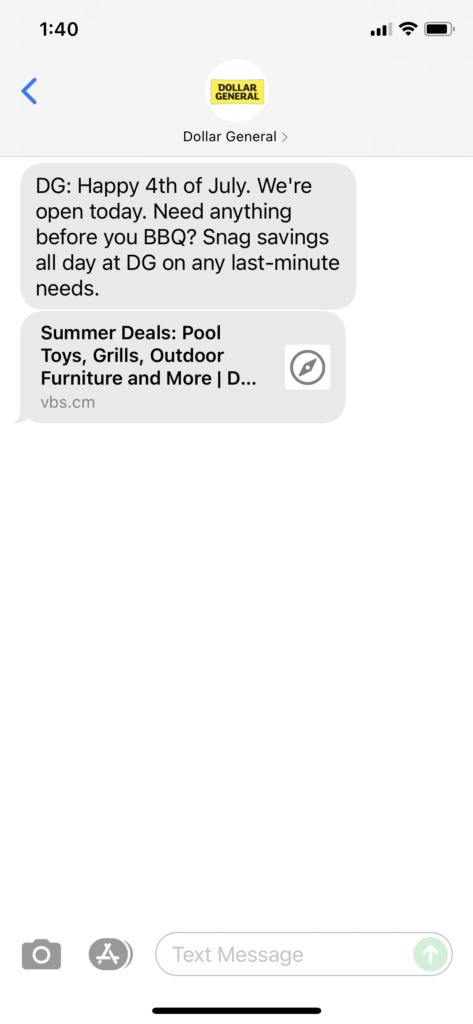 Dollar General Text Message Marketing Example - 07.04.2021