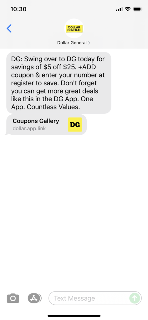 Dollar General Text Message Marketing Example - 07.17.2021