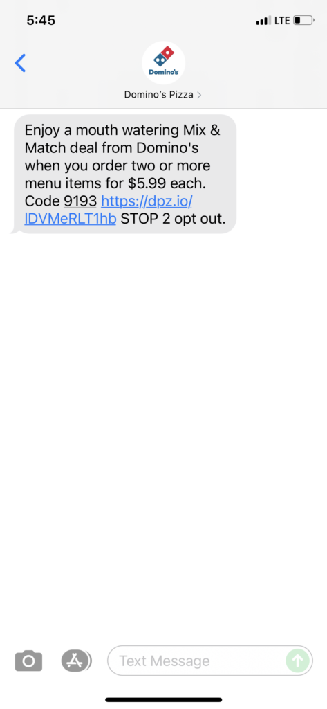 Domino's Text Message Marketing Example - 07.23.2021