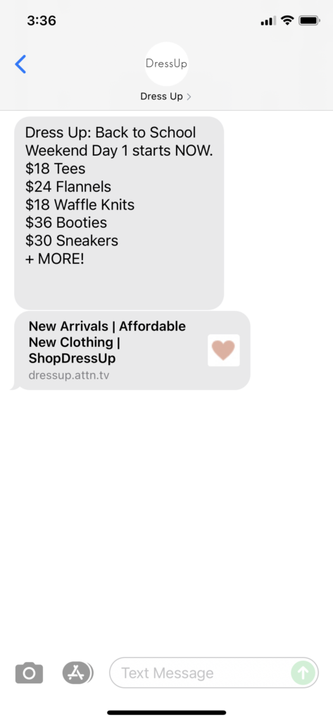 Dress Up Text Message Marketing Example - 07.30.2021