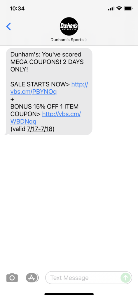 Dunham's Text Message Marketing Example - 07.17.2021