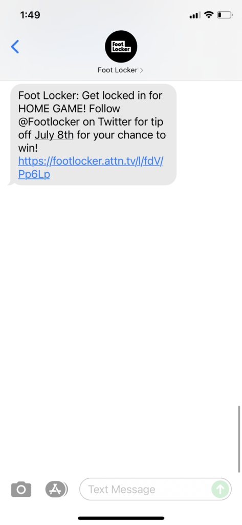 Foot Locker Text Message Marketing Example - 07.02.2021