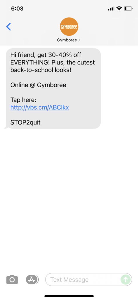 Gymboree Text Message Marketing Example - 07.22.2021