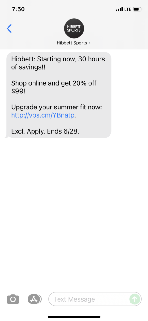 Hibbett Text Message Marketing Example - 06.27.2021