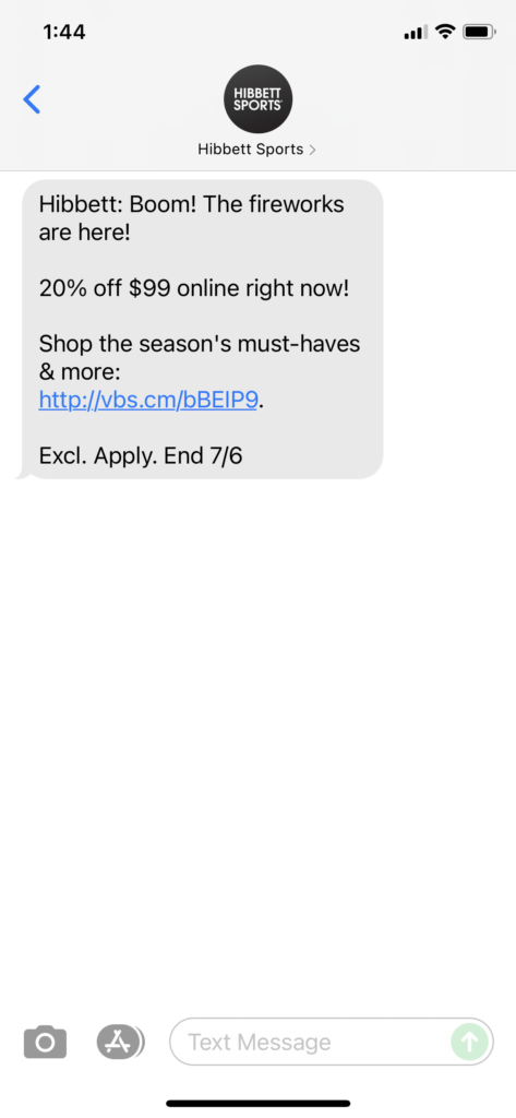 Hibbett Text Message Marketing Example - 07.04.2021