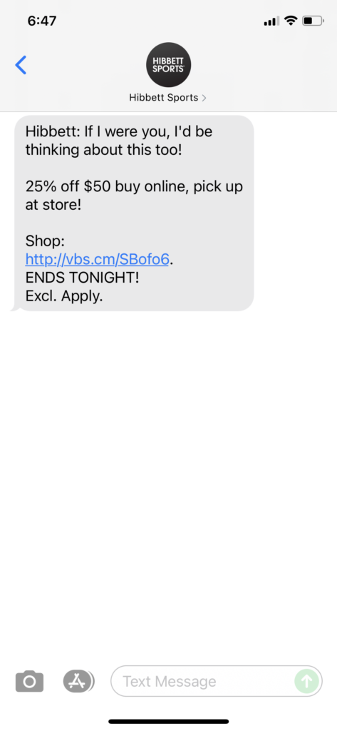 Hibbett Text Message Marketing Example - 07.07.2021