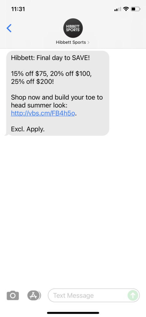 Hibbett Text Message Marketing Example - 07.13.2021