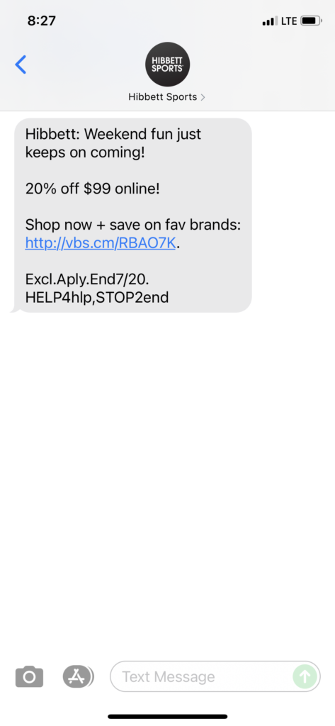 Hibbett Text Message Marketing Example - 07.18.2021