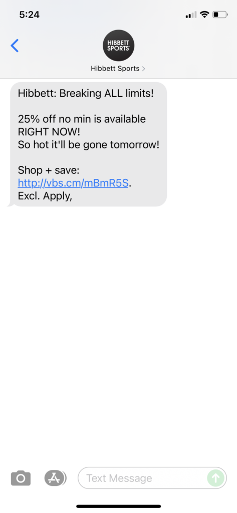 Hibbett Text Message Marketing Example - 07.25.2021