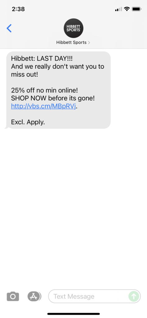 Hibbett Text Message Marketing Example - 07.26.2021