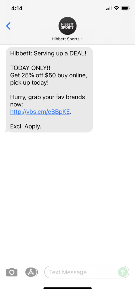 Hibbett Text Message Marketing Example - 07.28.2021