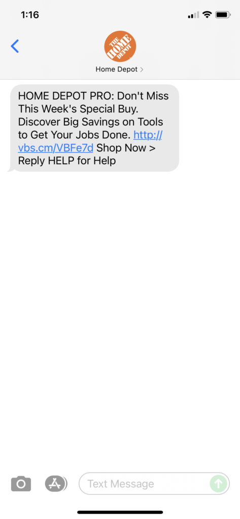 Home Depot Text Message Marketing Example - 07.06.2021