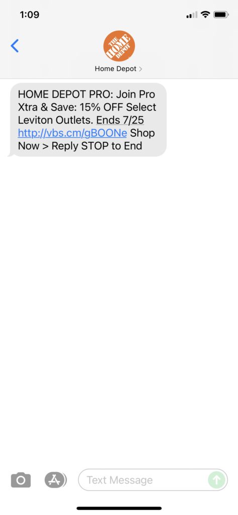 Home Depot Text Message Marketing Example - 07.19.2021