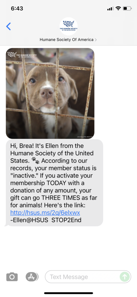 Humane Society of America Text Message Marketing Example - 07.07.2021