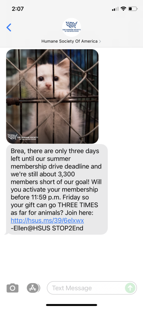 Humane Society of America Text Message Marketing Example - 07.13.2021