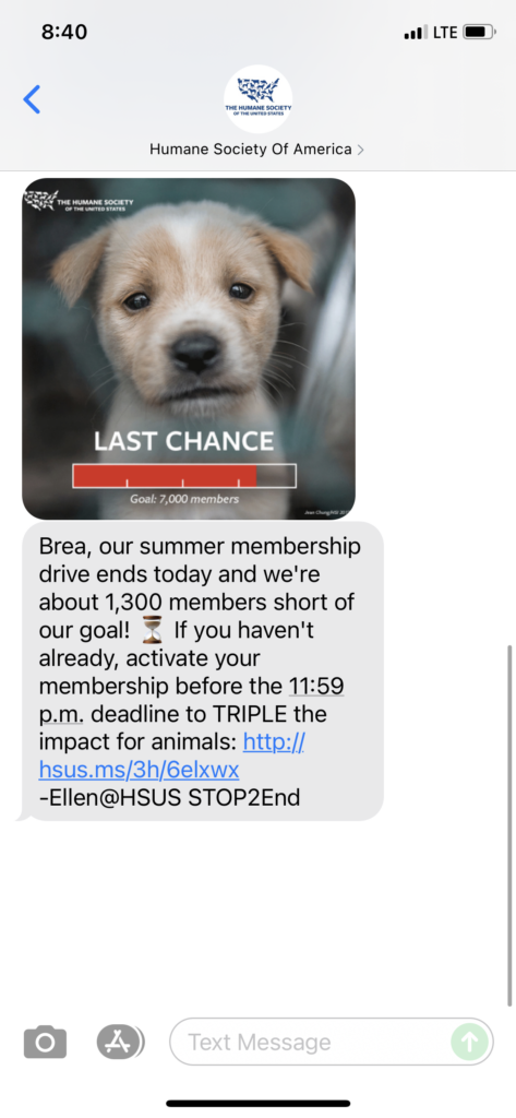 Humane Society of America Text Message Marketing Example - 07.18.2021