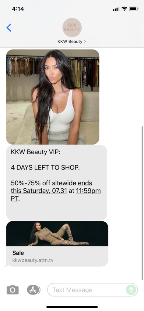 KKW Beauty Text Message Marketing Example - 07.28.2021