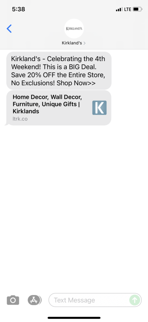 Kirkland's Text Message Marketing Example - 07.01.2021