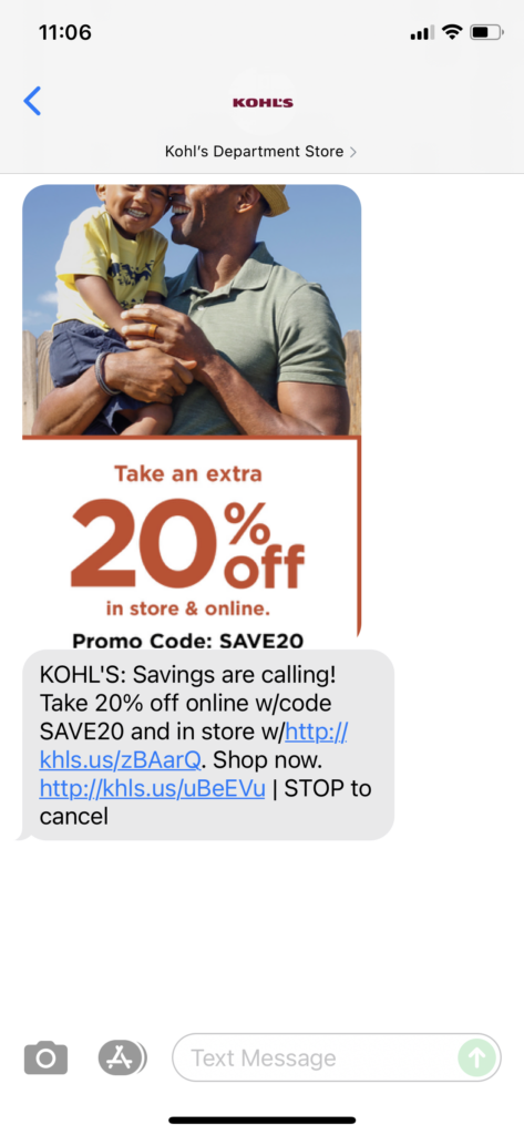 Kohl's Text Message Marketing Example - 06.25.2021