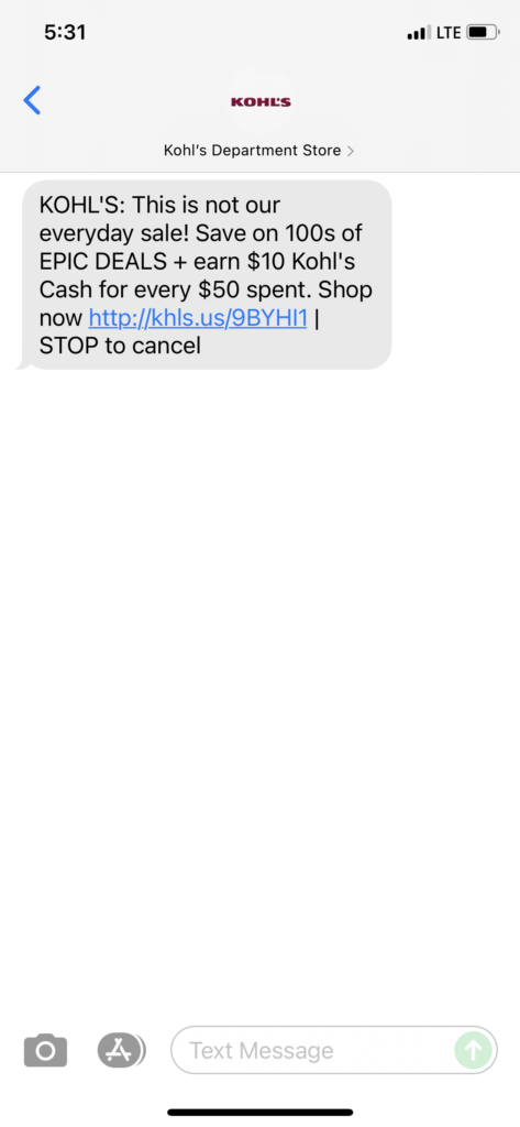 Kohl's Text Message Marketing Example - 07.01.2021