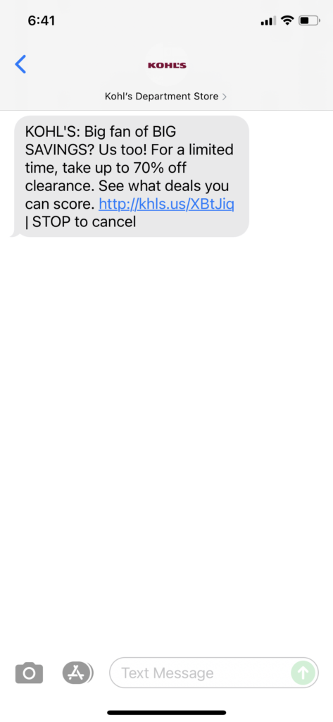 Kohl's Text Message Marketing Example - 07.07.2021