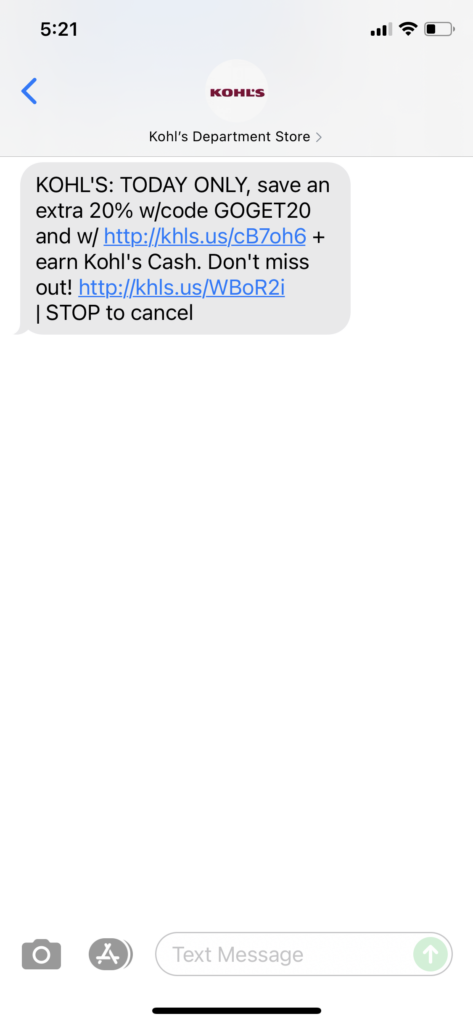 Kohls Text Message Marketing Example - 07.25.2021