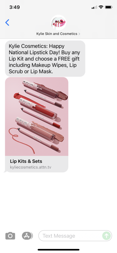 Kylie Skin & Cosmetics Text Message Marketing Example - 07.29.2021