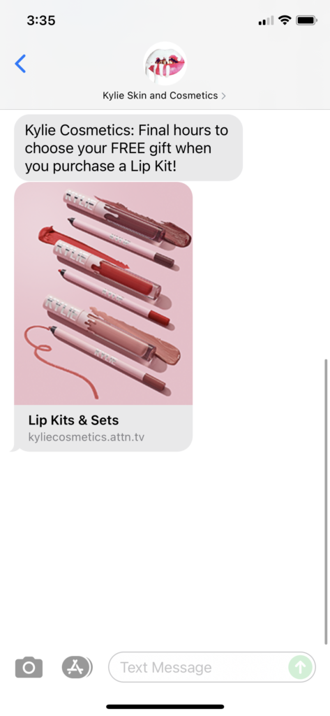 Kylie Skin and Cosmetics Text Message Marketing Example - 07.30.2021