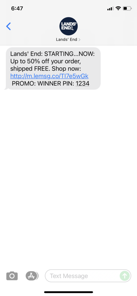 Lands' End Text Message Marketing Example - 07.07.2021