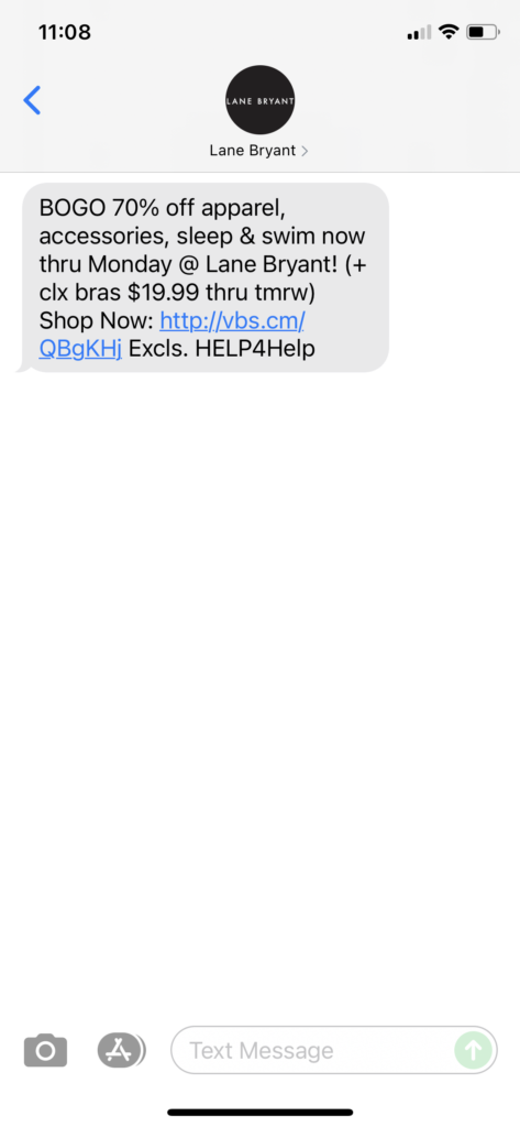 Lane Bryant Text Message Marketing Example - 07.09.2021