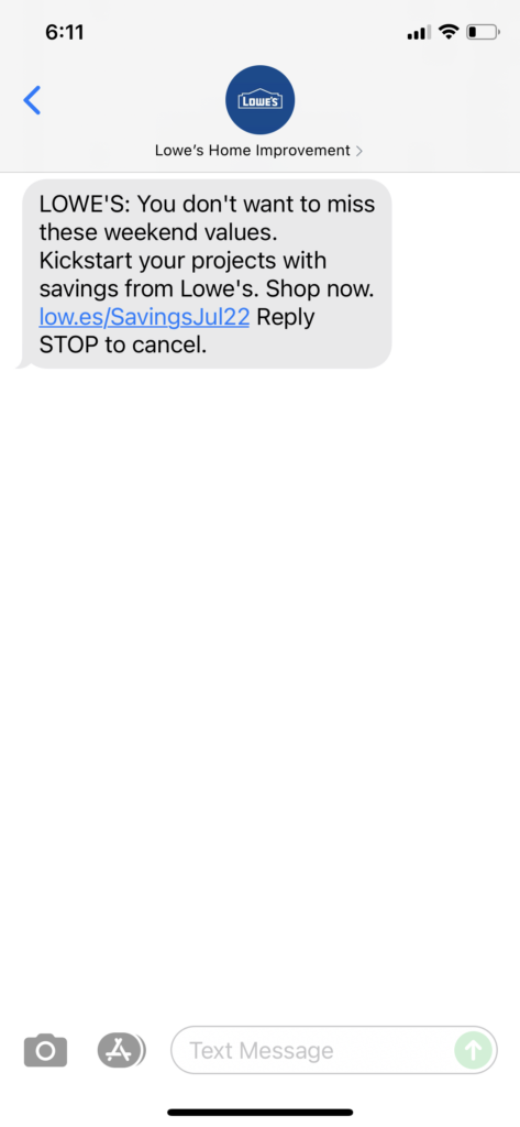 Lowe's Text Message Marketing Example - 07.22.2021
