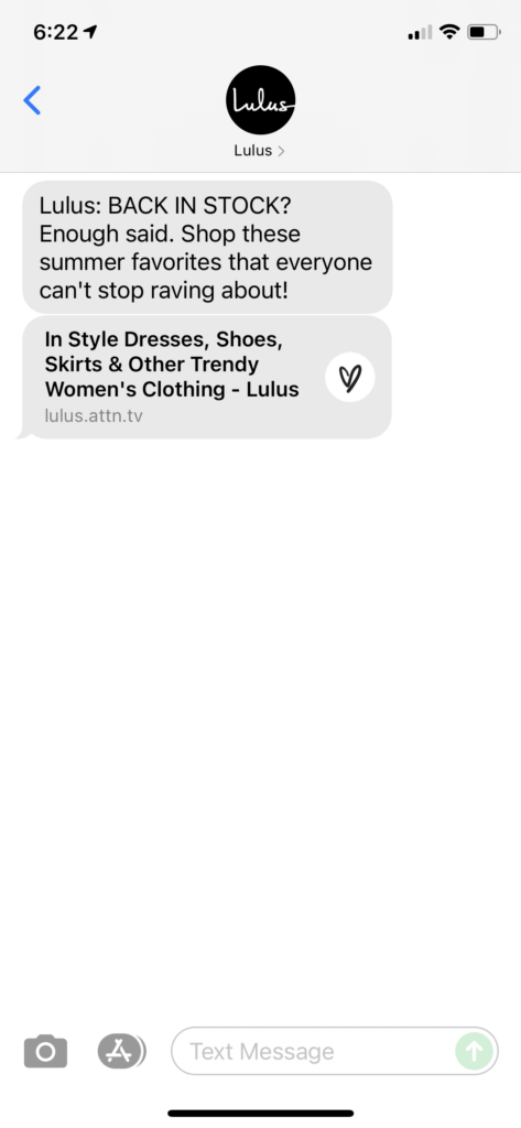 Lulus Text Message Marketing Example - 07.08.2021