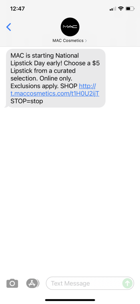 MAC Cosmetics Text Message Marketing Example - 07.16.2021