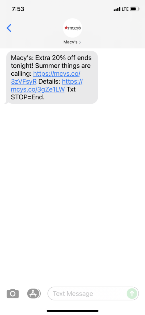 Macy's Text Message Marketing Example - 06.27.2021