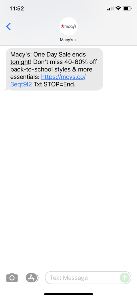 Macy's Text Message Marketing Example - 07.18.2021