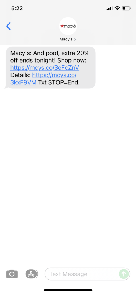 Macy's Text Message Marketing Example - 07.25.2021