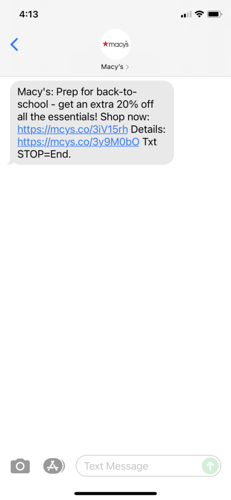 Macy's Text Message Marketing Example - 07.28.2021