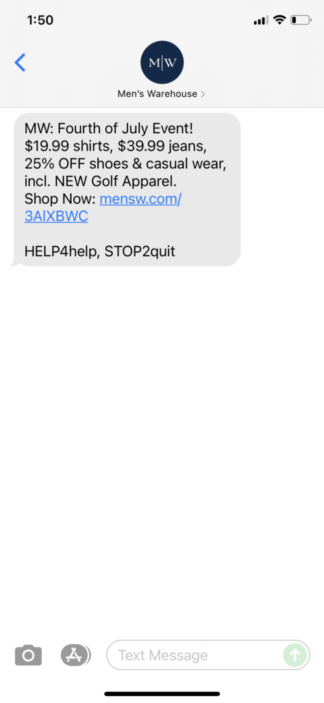 Men's Warehouse Text Message Marketing Example - 07.02.2021