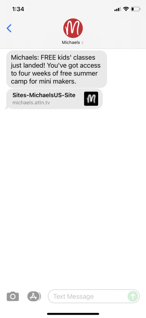 Michaels Text Message Marketing Example - 07.03.2021