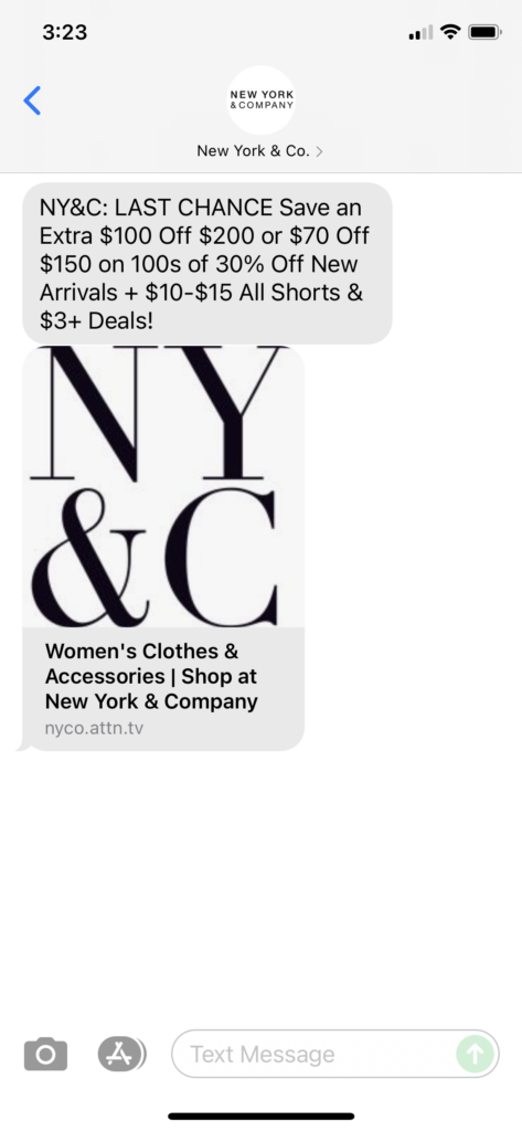 New York & Co Text Message Marketing Example - 07.25.2021