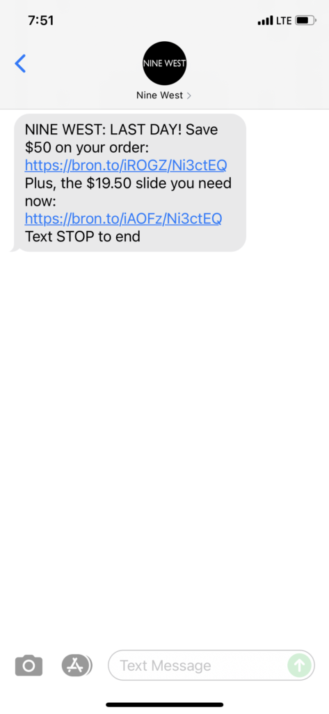 Nine West Text Message Marketing Example - 06.27.2021